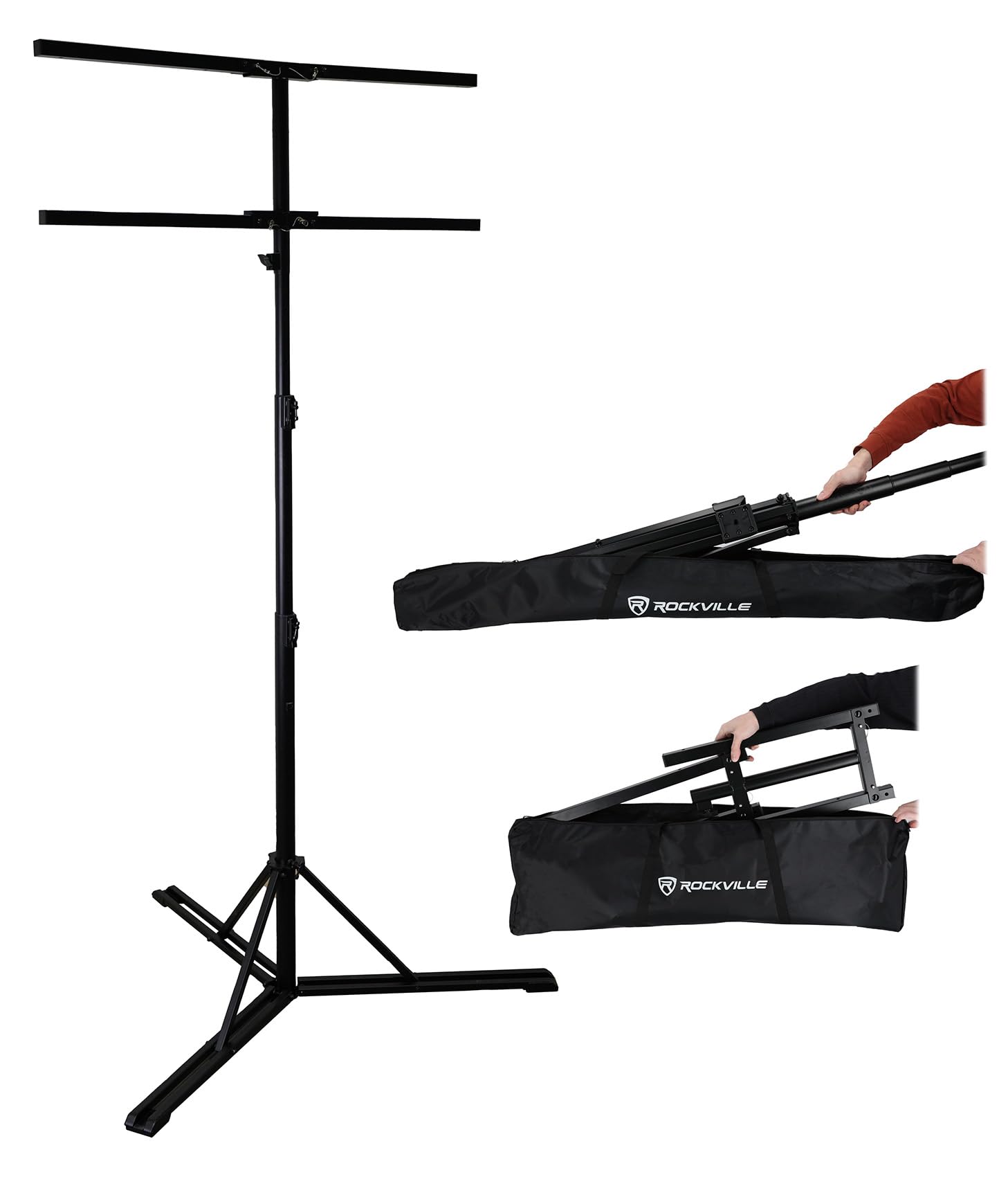 Rockville RLS6 Lighting Tree Bar Stand, 11.5 Ft, Flat-Base Legs, Air Assist, 140 lb Capacity, All-Metal, Includes Carry Bag, Ideal for DJs, Events & Stage Use