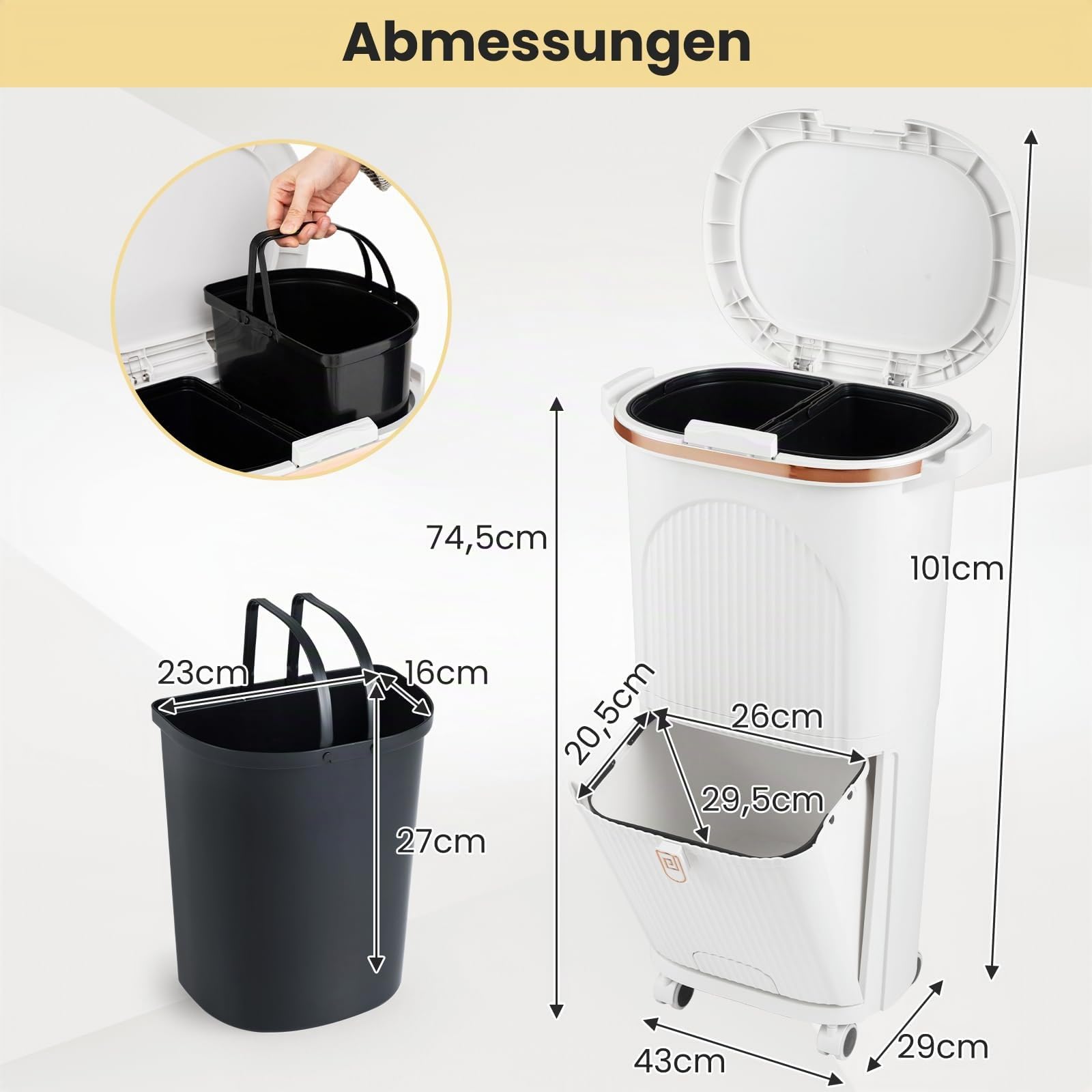 COSTWAY Mülleimer Küche, Mülltrennsystem 3 Fächer, 2 x 12L Inneneimer & 14L Treteimer, Abfalleimer mit Rollen, Deckel, Pedal & Haken, Tretmülleimer Abfallsammler für Küche (Weiß)