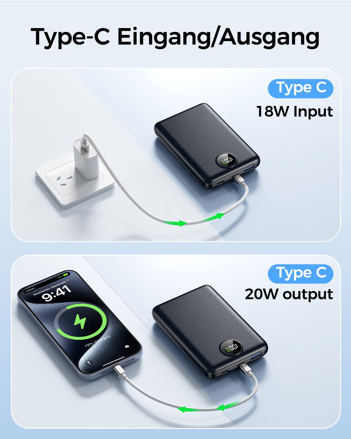 Power Bank 20000mAh 22,5W Carga Rápida con Pantalla LED | Batería externa compacta con PD 3.0/QC 3.0, cargador USB-C para iPhone 17–12 y uso diario o viajes