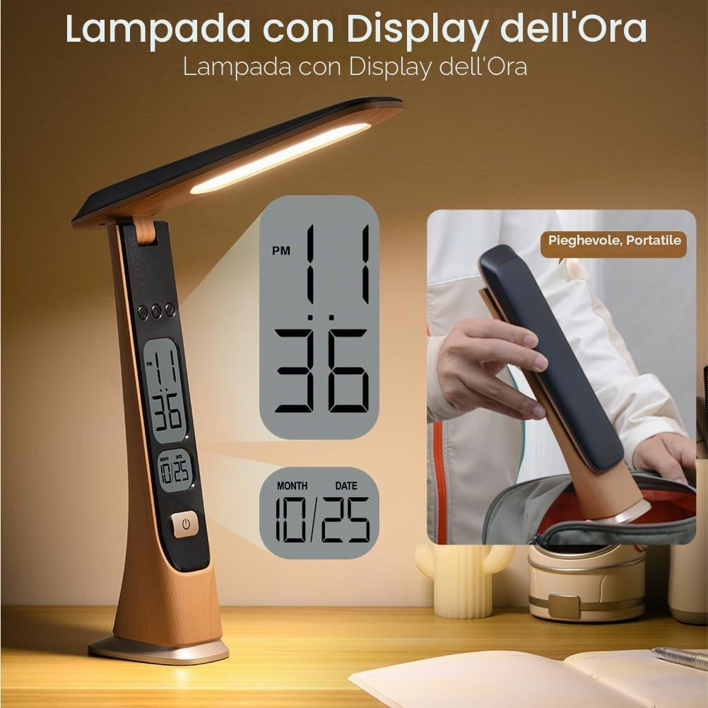 Lampada da scrivania LED senza fili ricaricabile, lampada da tavolo con orologio, batteria, digitale, LCD, data, luminosità regolabile, pieghevole, luci portatili per la casa, la lettura, l'ufficio