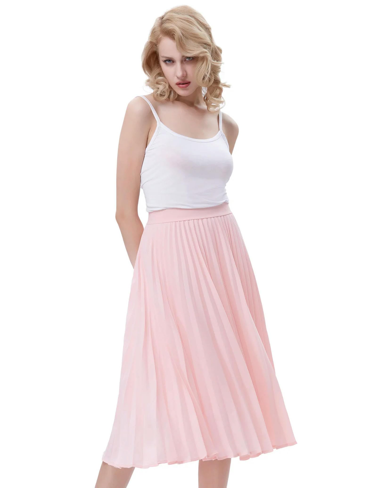 Eleganter Midi-Rock für Damen, hohe Taille, plissierter A-Linien-Rock, knielanger Rock, Mädchenkleidung, Elfenbein, L