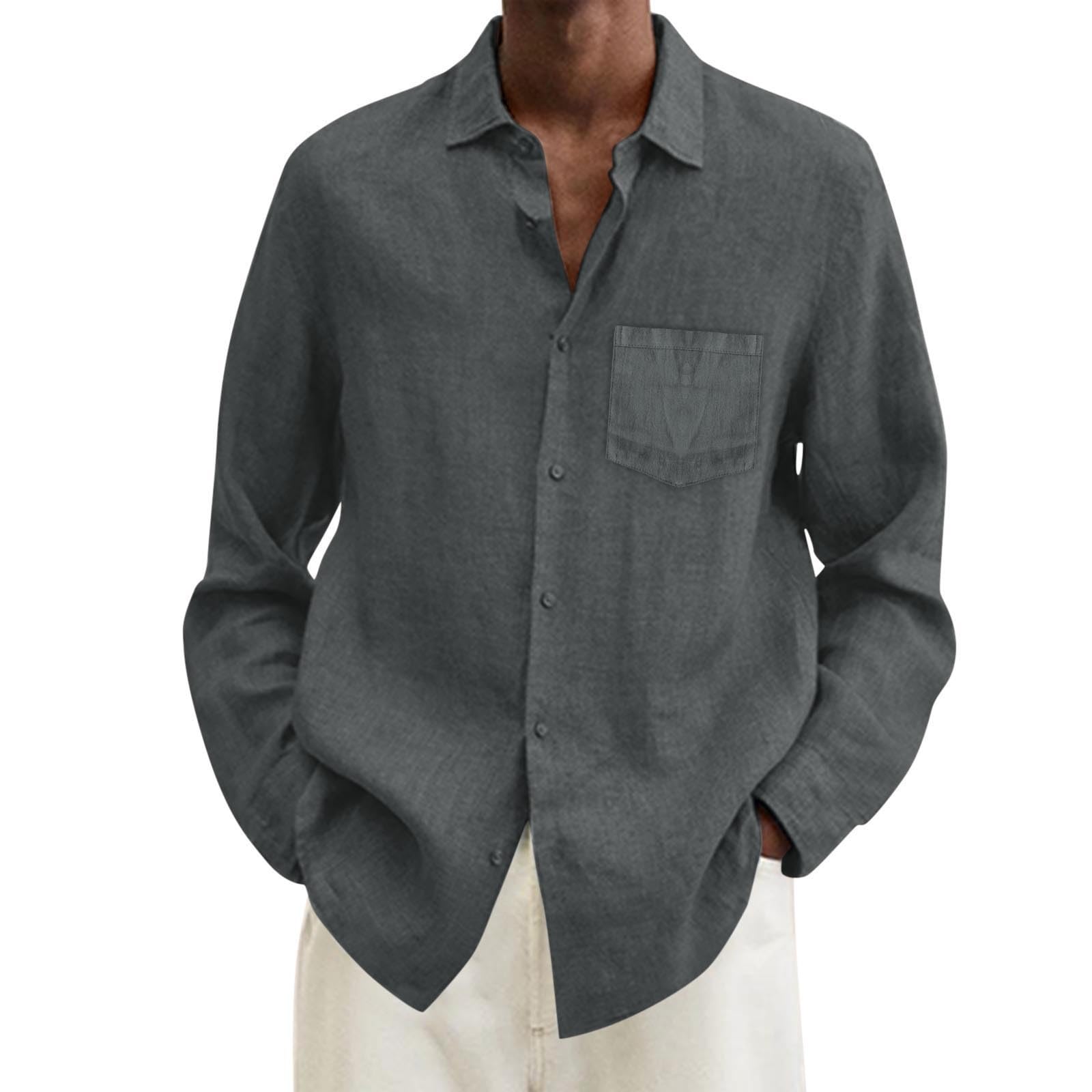 Generic 2024 - Camisa suelta de lino y algodón para hombre, talla grande, cuello vuelto, manga larga, color marrón