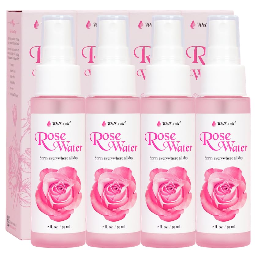 Well's Oil Rosewater Face & Hair Mist Spray (2 fl oz / 59 mL) | 4-Pack | Floral Rosewater Hydrosol | Alcohol-Free