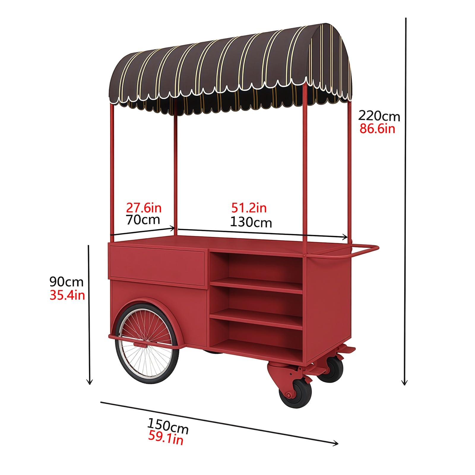 Professioneller Verkaufswagen, Mobiler Imbisswagen mit Gestreiftem Vordach, Verkaufsstand mit Ausstellungsfläche, Mehrstöckiges Regal, für Märkte, Veranstaltungen, Cafés(White)