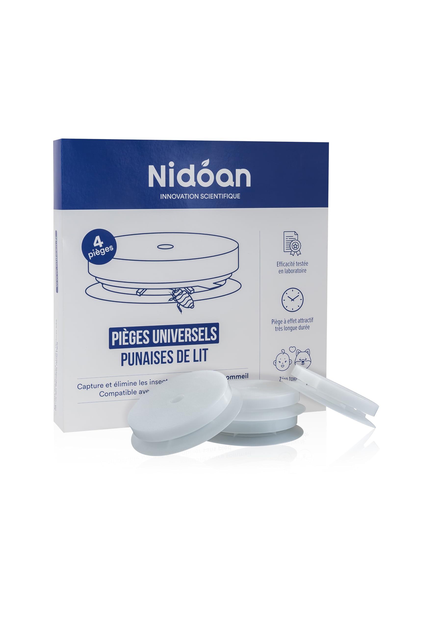 Pièges Universels Punaises de Lit Nidoan - Compatible Lit & Meubles sans Pieds, sans Insecticide, Sécurisée pour Enfants et Animaux, Protection 3 Mois, Lot de 4