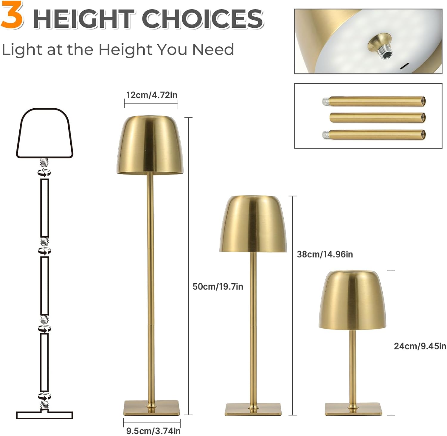 Cordless Table Lamp Rechargeable: Metal & Acrylic 5200mAh Long-Lasting 3 Color Temperatures & Stepless Dimming for Bedroom Restaurant Cafe Bar and Outdoor Gold