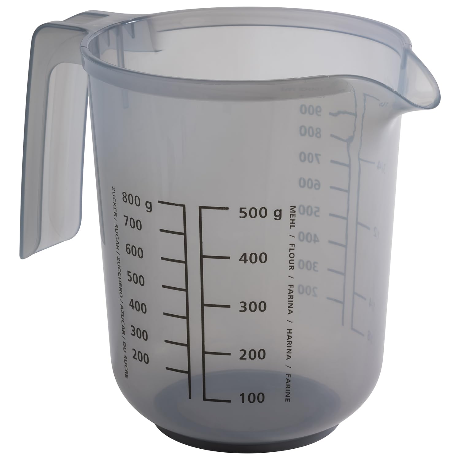 APS 30072 Kubek do mieszania z pokrywką – kubek z miarką do płynów (l/ml), cukru (g) i mąki (g) / pojemność 1 litr/Ø 12,5 cm/wysokość 16 cm/nadaje się do mycia w zmywarce, szary francuski