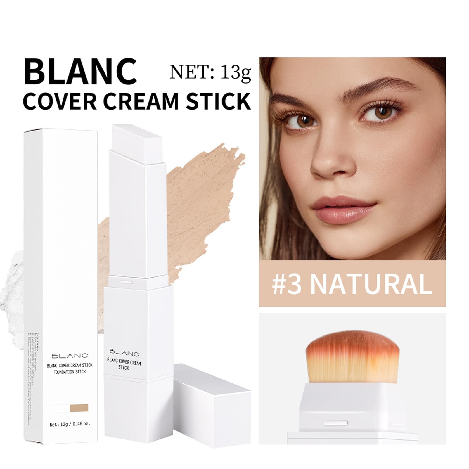 Foundation Stick, Color Changing Foundation Stick mit Pinsel - Farbwechsel Grundierung, Weiße Foundation mit Natürlicher bis Aufbaubarer Deckkraft, Wasserresistent für reife Haut, 13 g (#03Natur) - 2