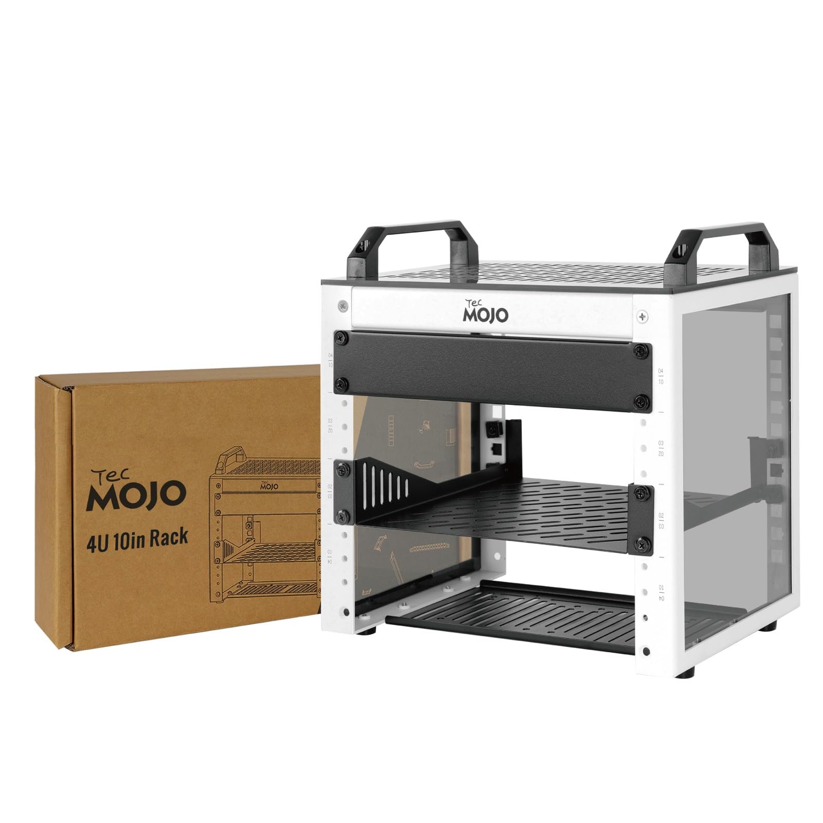 Tecmojo Rack réseau 4U, mini rack de serveur de 25,4 cm avec 2 panneaux translucides latéraux et 2 poignées supérieures, profondeur de 20 cm, pour équipement informatique et appareils A/V de 25,4 cm