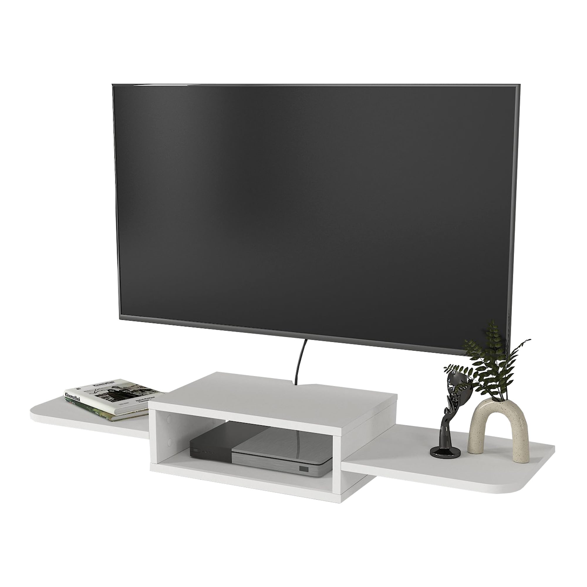 [en.casa] Mobile Porta TV da Parete con Vano Aperto Mensola Sospesa con Ripiani Laterali e Fori Passacavi per Soggiorno Salotto Stand Multimediale 115 x 30 x 16 cm - Bianco