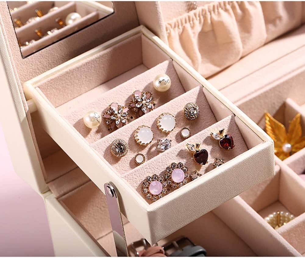 Caja De Joyería Caja De Joyería Caja De Joyería Con Cerradura Organizador Con Cajones Espejados Caja De Almacenamiento De Joyas Pendientes Anillos Caja De Exhibición Organizador De Joyas(Beige)