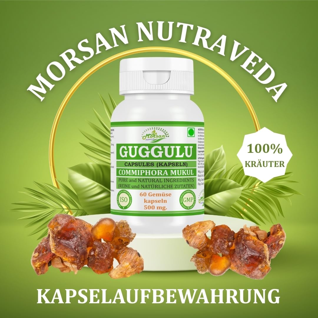 Guggulu (Commiphora mukul) Extrakt mit 10:1 Stärke, 500 mg x 60 vegane Kapseln | Ayurvedisches Kräuterergänzungsmittel für Männer und Frauen (2 Flaschen mit 60 Kapseln)
