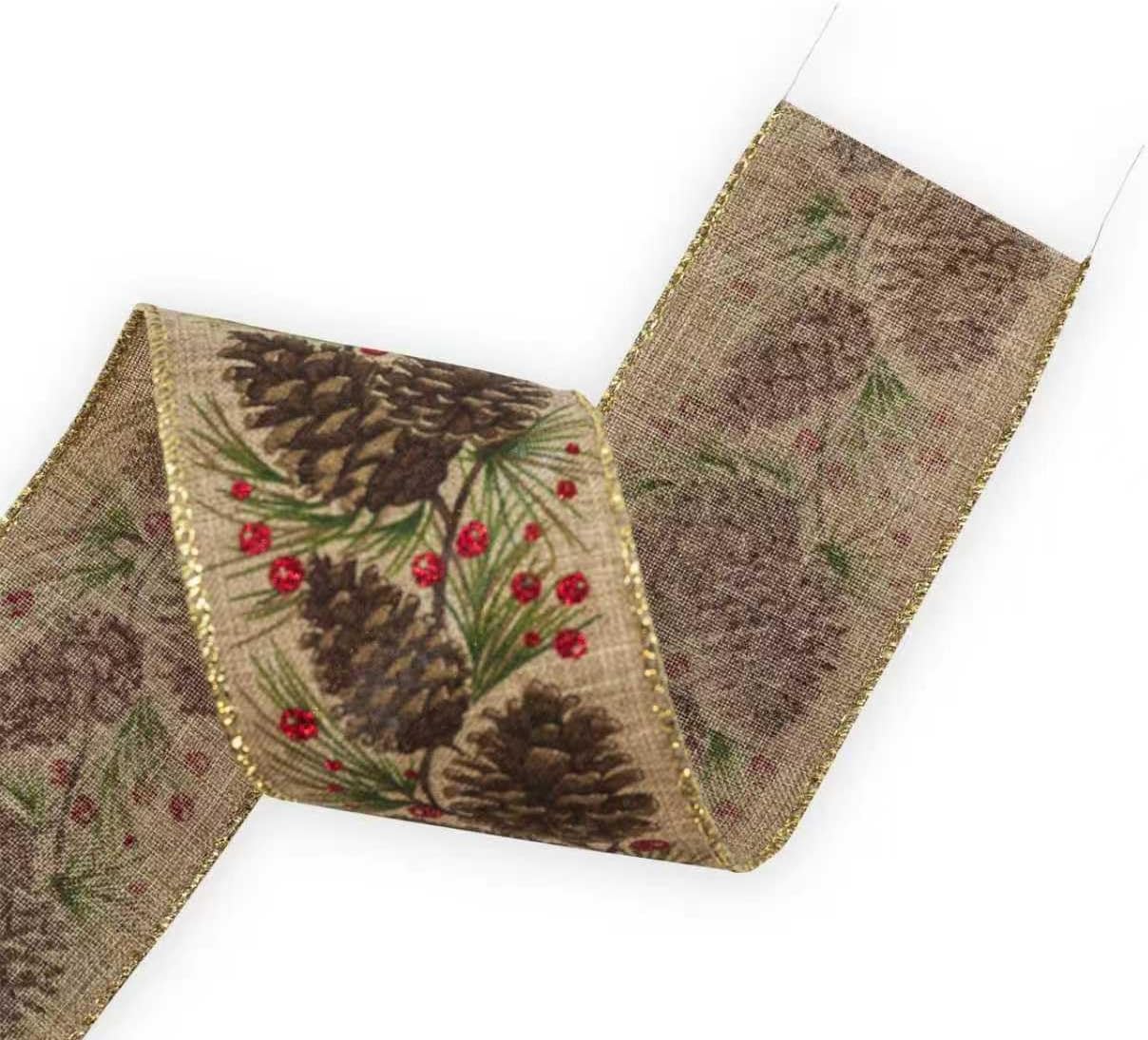 HATIANGE Jute Swirl Pinecone Christmas Burlap Wired Ribbon, 2-1/2 Inch x 11Yards, for Xmas Home Decor, Gift Wrapping, Bow Making, Wreath, DIY Crafts