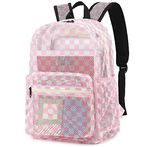 Checkered Mesh Backpack for Girls, Kids Teens School Backpacks Women Bookbags Semi-transparent Beach Backpacks (Pink)