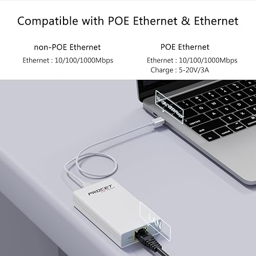 Miniatura 3 de Convertidor Gigabit PoE a USB C para teléfono inteligentetableta, adaptador USB-C a Ethernet con carga de 60 W, alimentación y datos 2 en 1 puerto