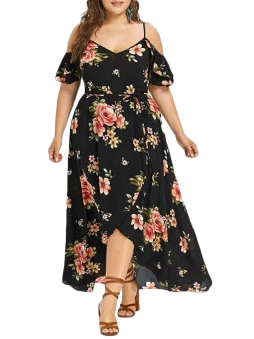Taigood Womens Plus Size Boho Floral Printed Split Maxi Dress Cold Shoulder Boho Beach Maxi Dress