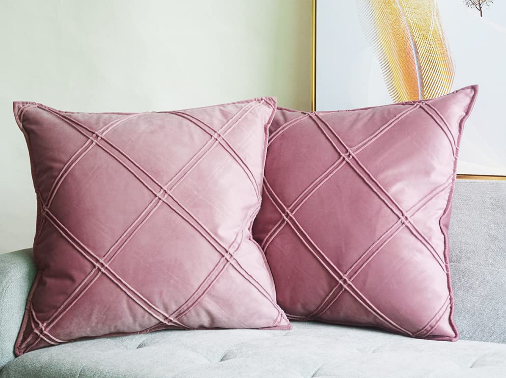 Pink Velvet Cushion Covers Decorative Square Throw Pillow Covers Checked Design Elegant Pillowcases for Sofa Bed Living Room 18x18inch 45x45cm Set of 2
