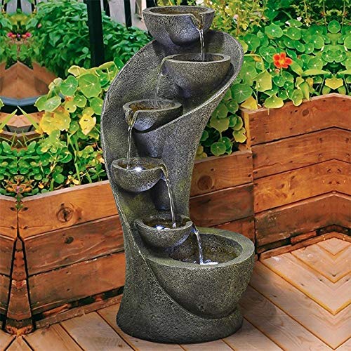 UKN Outdoor Water Fountain W/Light Modern Curved Feature for Home Grey Contemporary Polyresin