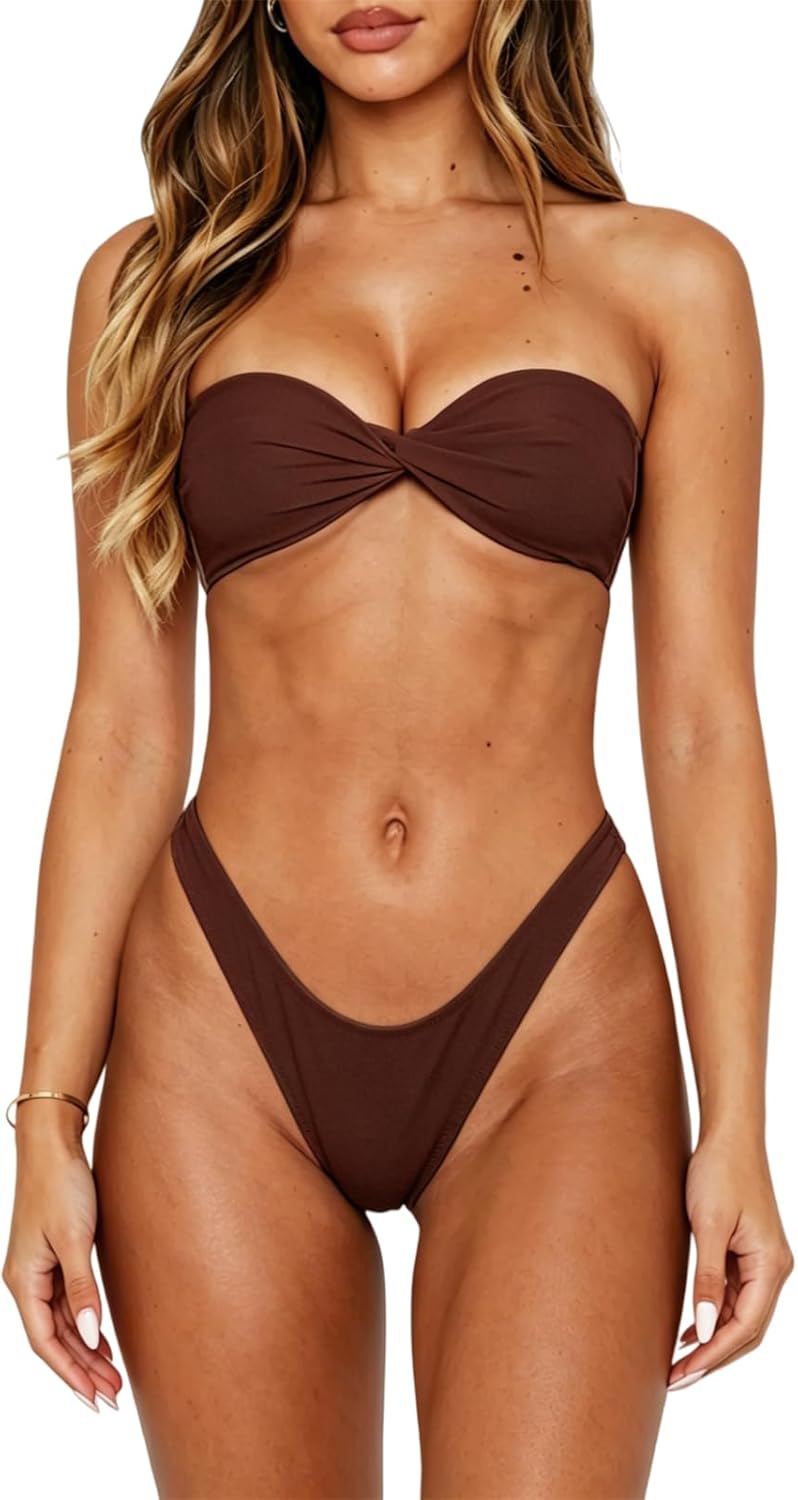 Women Bandeau Bikini Set Twist Front Strapless Tube Bikini Top High Cut Cheeky Thong 2 Piece Bathing Suit
