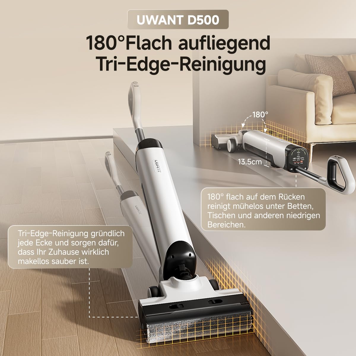 uwant D500 Nass Trockensauger,Abwassertanks-Desodorierung,180° Lay-Flat Saugwischer,17,000 Pa Saugkraft,65°C Leise Heißtrocknung,Selbstreinigend,Verwicklungsfreies Design,IPX6 wasserdichte Bodenbürste