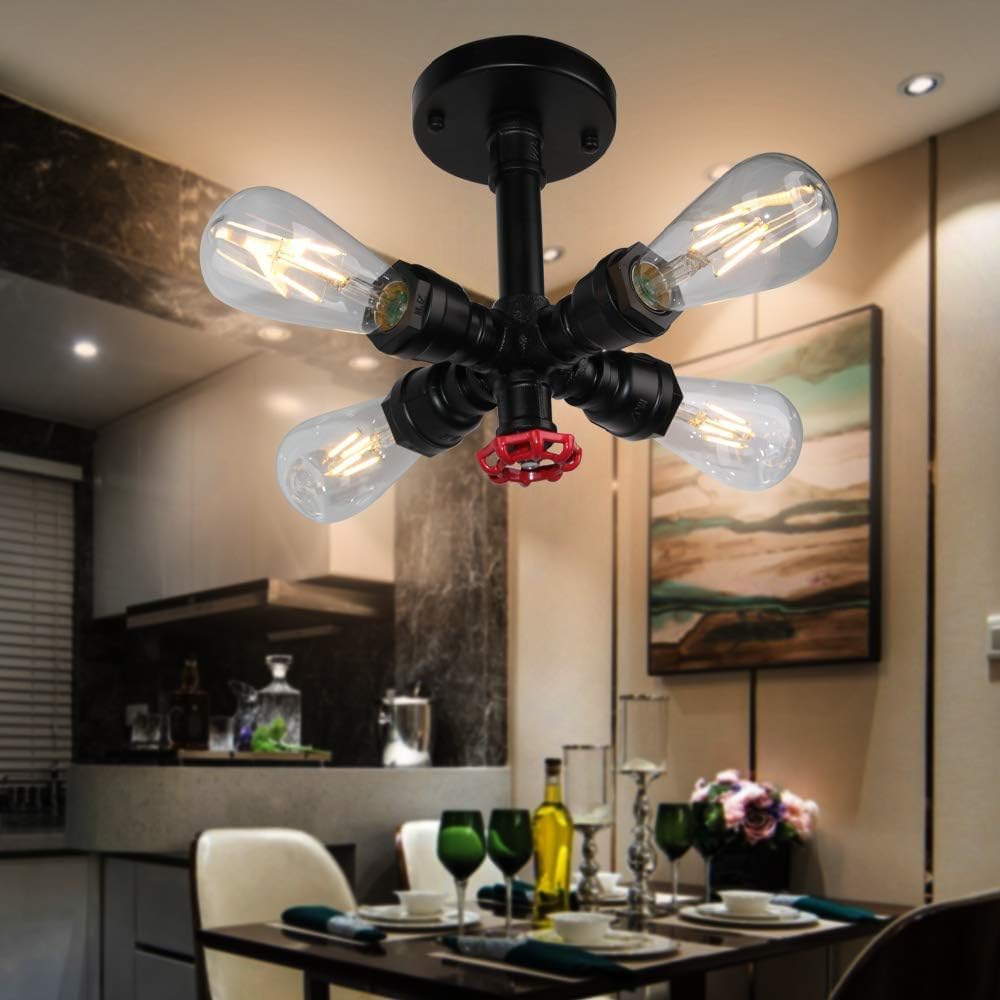 Vintage Plafonnier Tube d'eau Industriel Lustre Luminaire en Métal Rétro Suspension 4 Tête lampe Design E27 pour Salon Cuisine Couloir Loft Chambre (Noir)