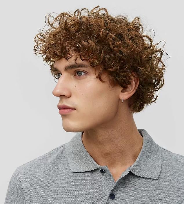 Perruque brune courte bouclée pour homme avec frange marron en fibres synthétiques