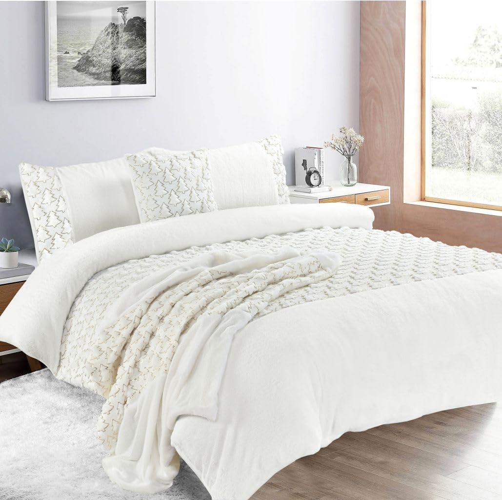 Luxurious Christmas Tree Teddy Bear Fleece Duvet Cover Set with Pillowcases – Super Soft Fluffy Quilt Cover Winter Bedding Set, Fleece Throw Blanket & Cushion Cover (White, Double Duvet Cover Set)