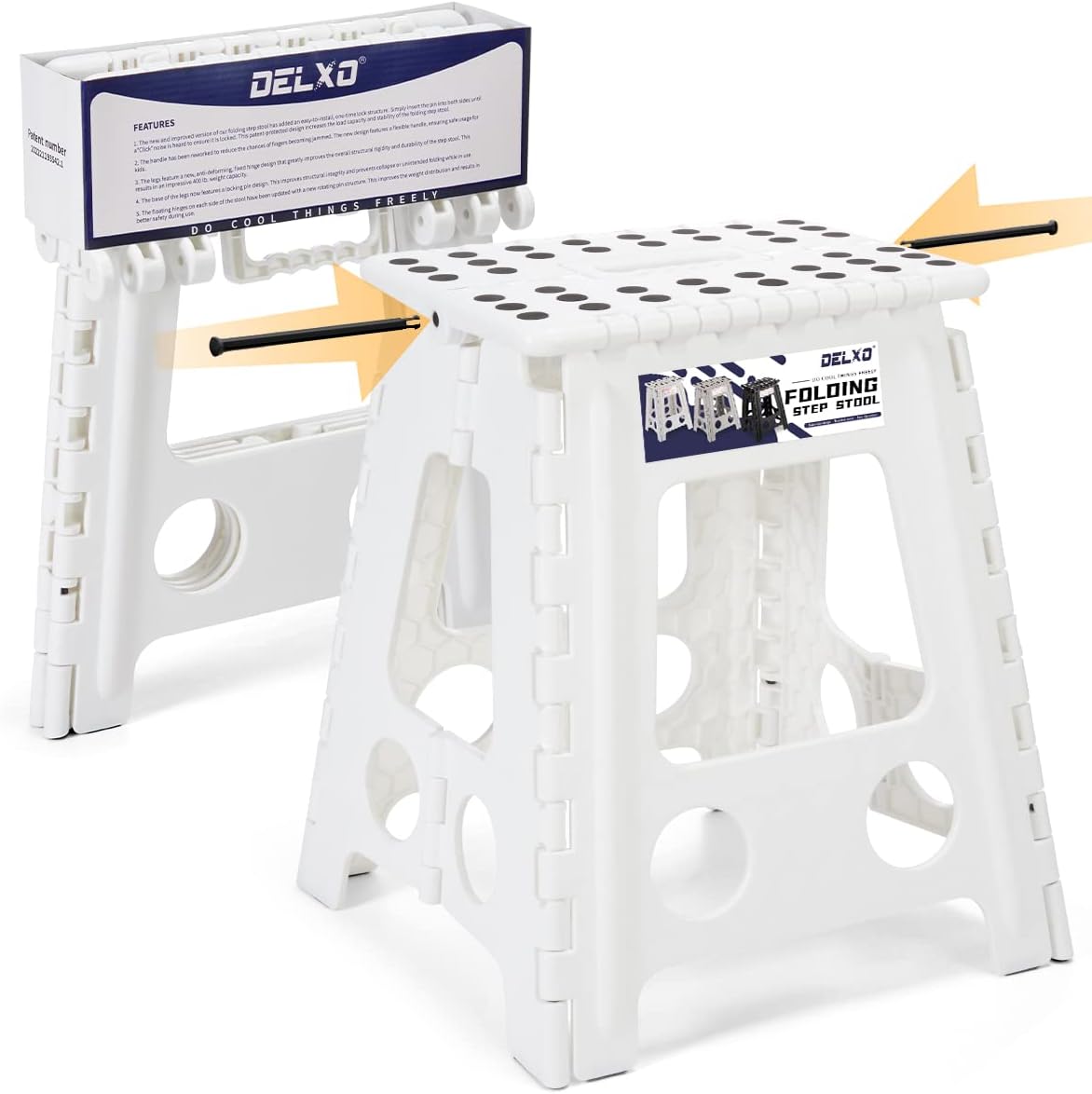 Delxo 16” Folding Step Stool in White,1 Pack Premium Heavy Duty Foldable Foot Stool for Adults,Portable Collapsible Plastic Step Stool,Non Slip Folding Stools for Kitchen Bathroom Bedroom Up to 400LBS White 16 Inch