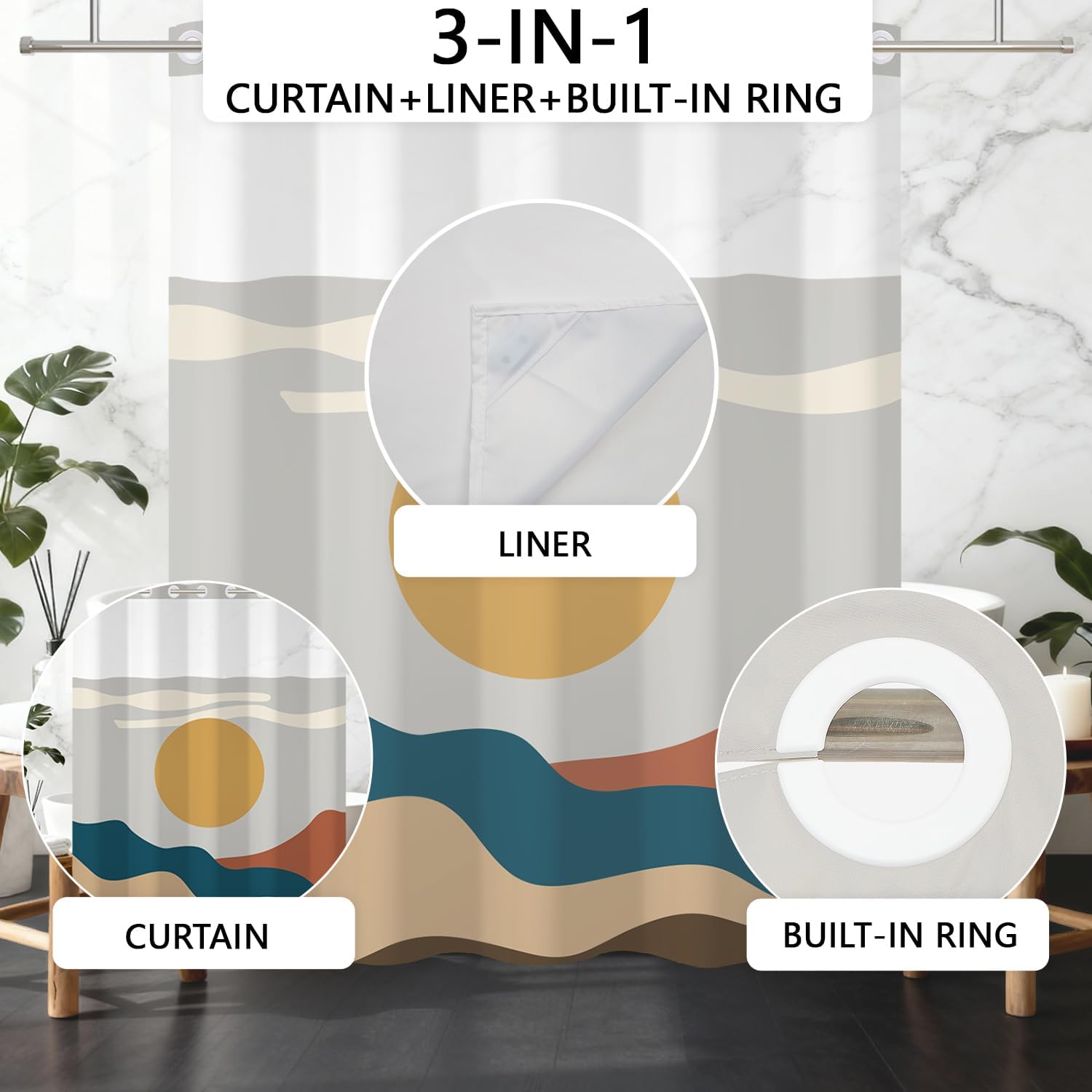 No Hook Boho Shower Curtain with Snap in Liner Set, Modern Boho Sun & Mountain Landscape Design, Mid Century Waterproof Shower Curtains for Bathroom Decor, 71x74 Inch