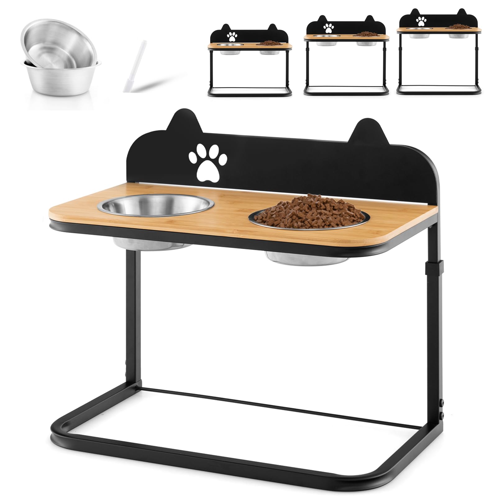 Giantex Elevated Dog Bowls Stand - Raised Pets Cats Feeding Station, 3 Adjustable Heights, 2 Stainless Steel Bowls, Metal Frame, Bamboo Tabletop, Tall Dog Food Water Bowls Holder Stand