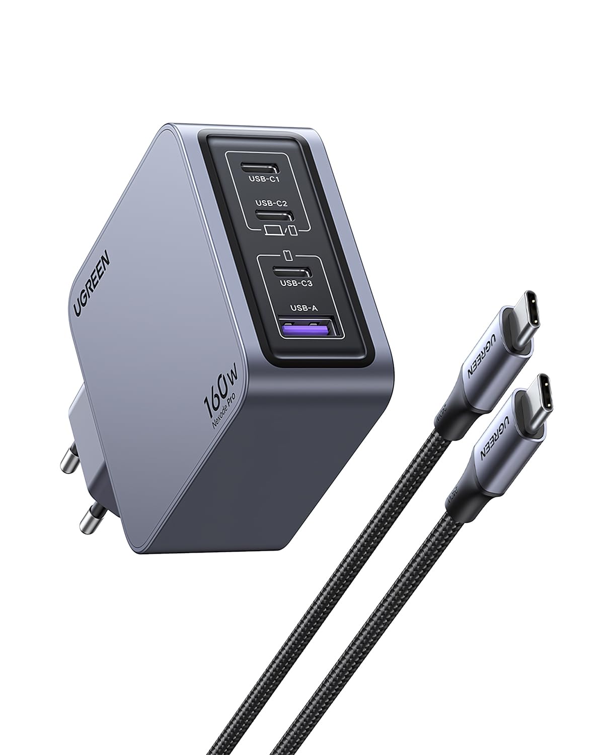 UGREEN Nexode Pro 160W GaN Charger with USB-C Cable Universel Noir, Gris Secteur Charge rapide Intérieure