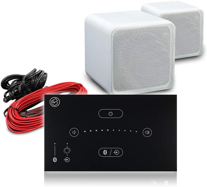 Bluetooth Wall Speaker System Kit with E50 Touch Panel Amplifier and Compact White Cube 4″ Stereo Speakers, 80W HiFi Audio for Home Cinema and Multi-Room Use