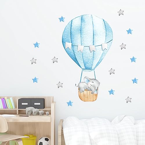 Miniatura 3 de Calcomanías de pared con diseño de elefante, globo aerostático, estrellas y estrellas dormidas, vinilo extraíble para niños, bebés, niños,