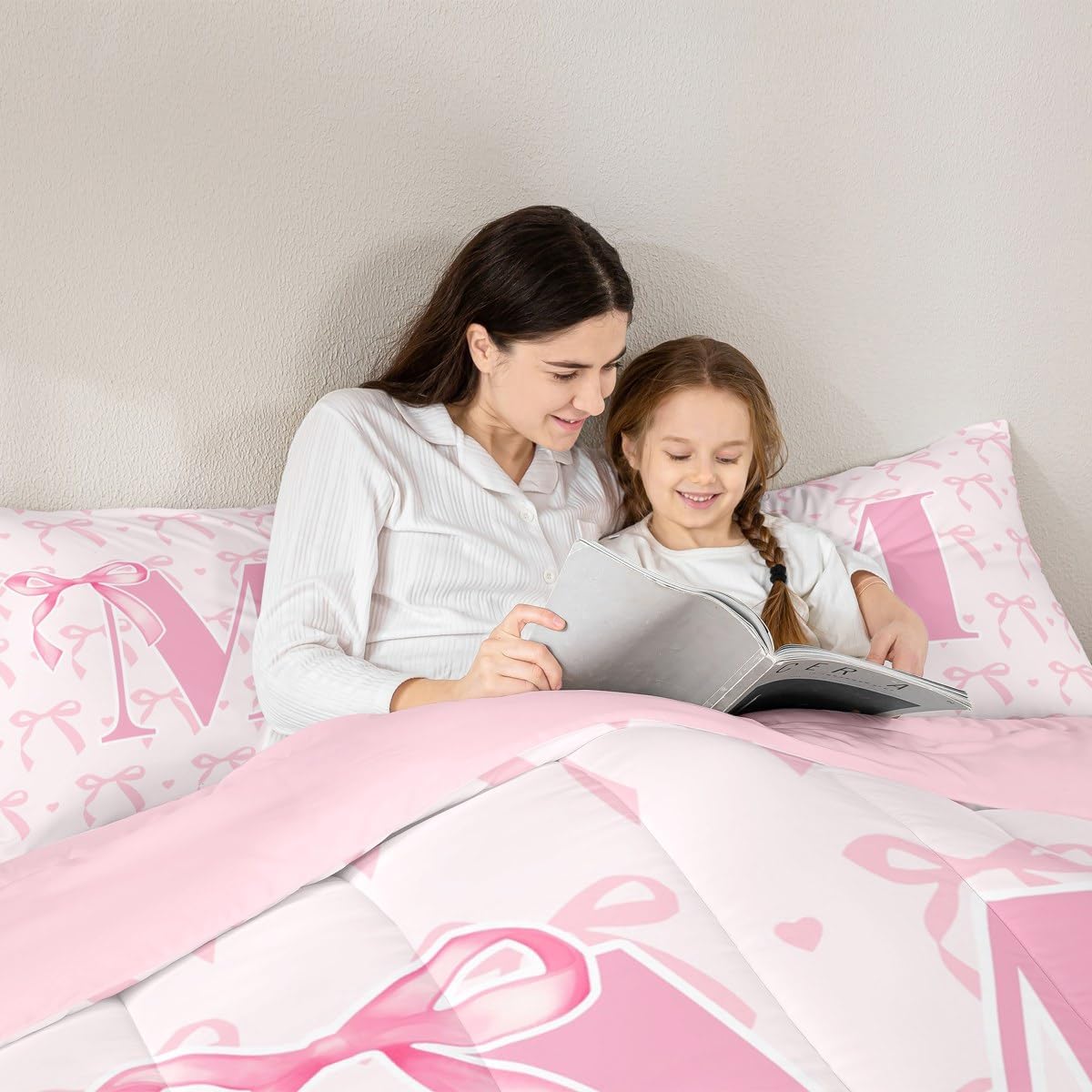 jejeloiu Cute Pink Bow Kids Bedding Set Twin Size,Boys Girls Personalized Letter M Comforter Set,Cute Coquette Bow Knot Ultra Soft Duvet Quilt,Initial Letter M Comforter Monogrammed Bedroom Decor - Image 5