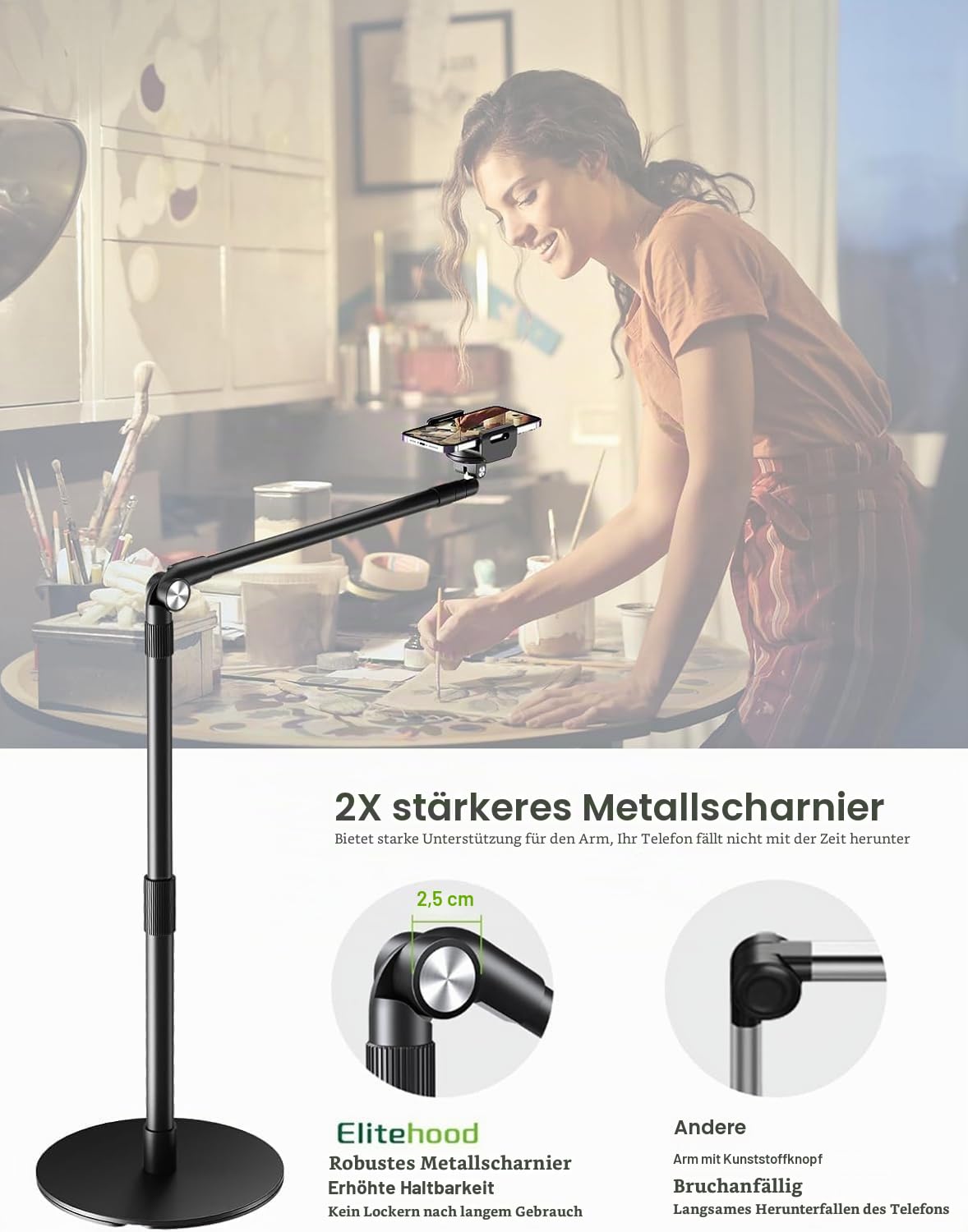 elitehood Handyhalterung Tisch zum Filmen mit Robuste Basis, Höhenverstellbar Overhead Stativ Handy Ständer zum Filmen, 38cm Langer Arm Handyhalterung Schreibtisch für iPhone 15 14 13, Android Handy