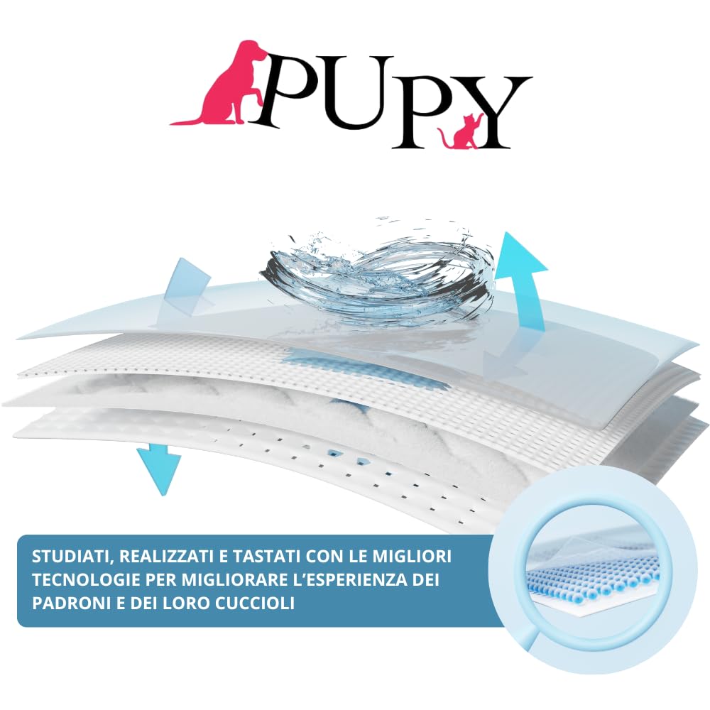 PUPY Super - 100 tappetini igienici per cani 60x90 con Polimeri Ultra-Assorbenti. Traversine Cani 60x90 Monouso e Anti-Odore, Traverse Cani con 4 Lati Super-Adesivi (60x90, 100)