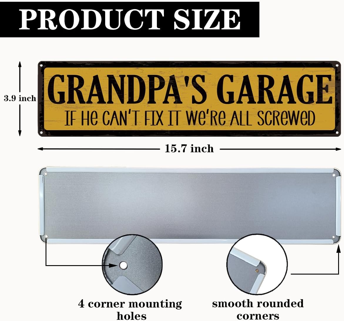 Metal Father's Day Gift, Retro Metal Tin Sign, Man Cave Decor, Grandpa's Garage, If He Can't Fix It We're Screwed, Garage Workshop Decor, Gift for Grandpa 15.8x4 Inch - Image 2