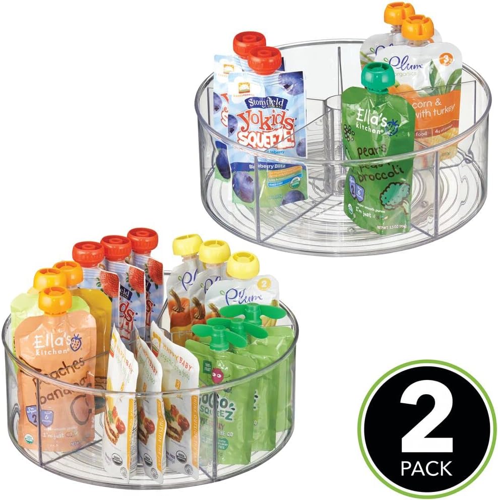mDesign Divided Lazy Susan Turntable Storage Container for Kitchen Cabinet, Pantry, Refrigerator, Countertop Food Safe - Spinning Organizer for Kids/Toddler's Food Pouches - 5 Sections, 2 Pack - Clear