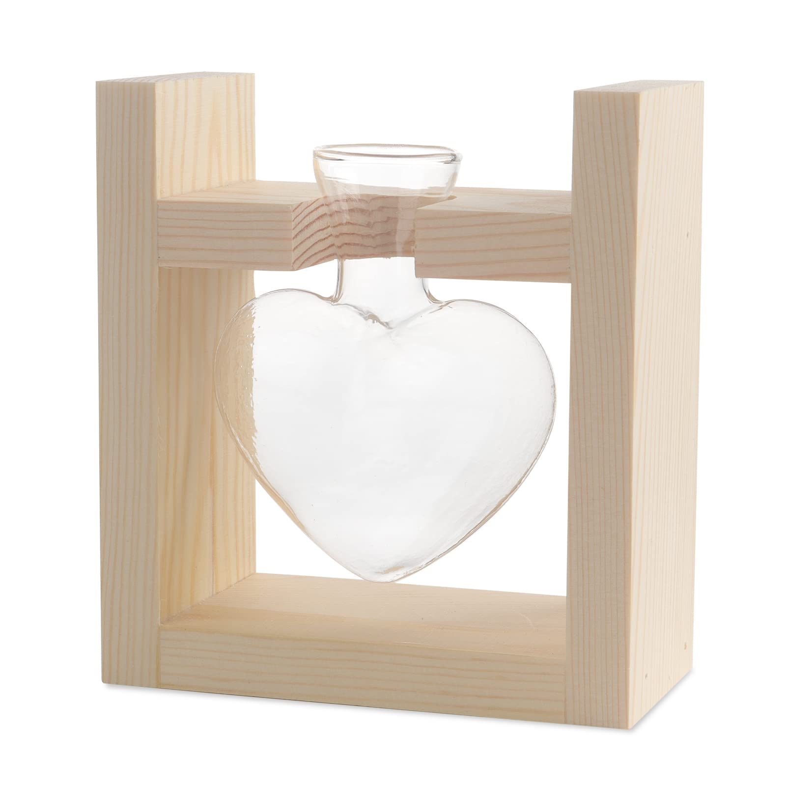 zalati Vaso in vetro a forma di cuore con supporto in legno per fioriere da scrivania, germogli, piante idroponiche, decorazione per casa, giardino, ufficio