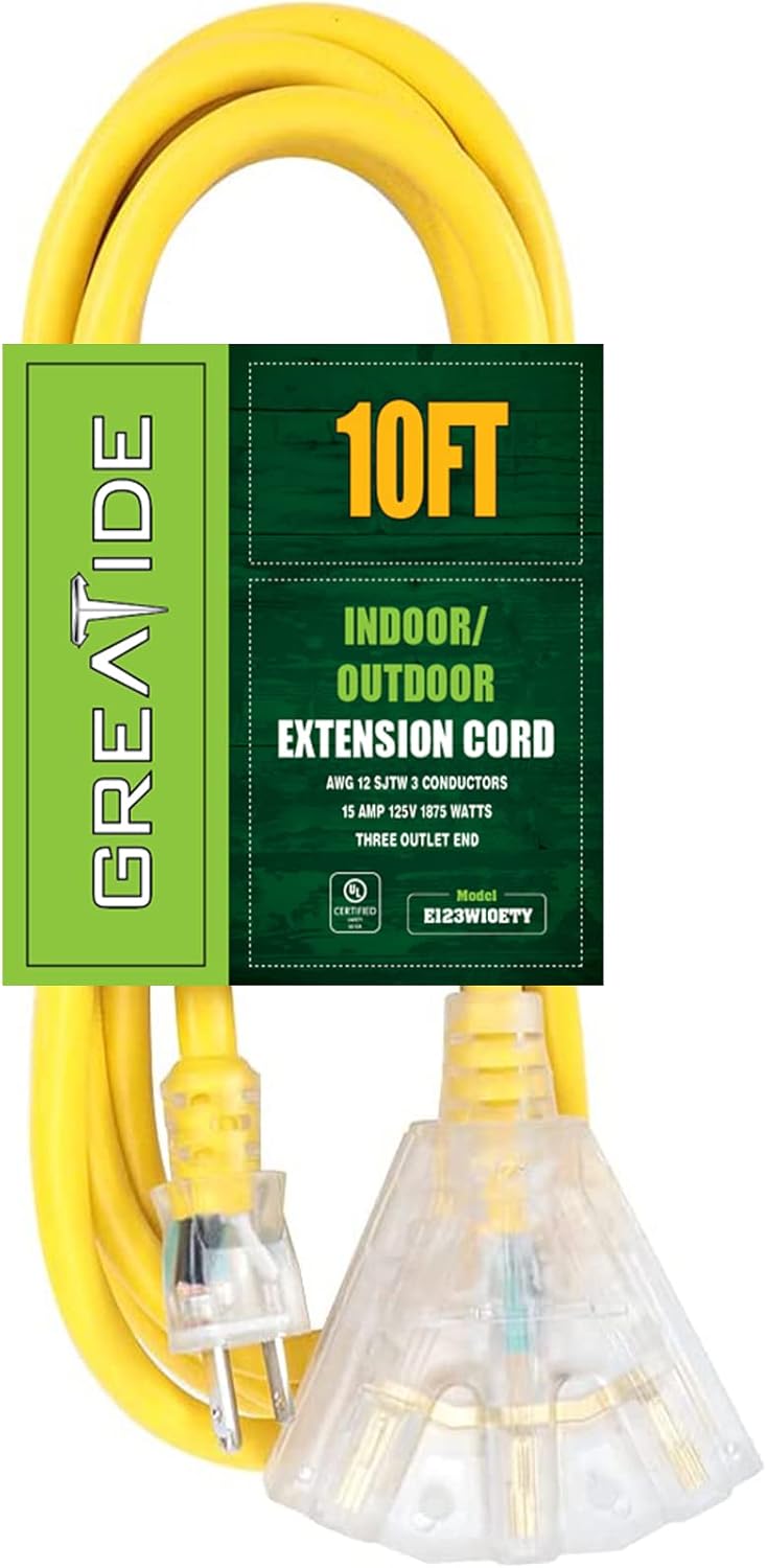 GREATIDE 10 Ft Lighted Outdoor Extension Cord with 3 Electrical Power