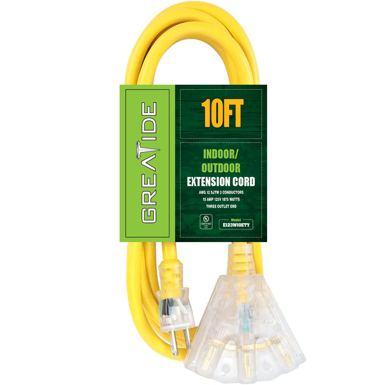 10 Ft Lighted Outdoor Extension Cord with 3 Electrical Power Outlets - 12/3 SJTW Heavy Duty Yellow Extension Cable with 3 Prong Grounded Plug for Safety, UL Listed