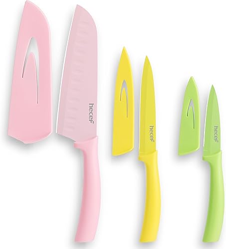 hecef Juego de cuchillos coloridos, 3 piezas con fundas, apto para lavavajillas, acero inoxidable codificado por colores, cuchillos de cocina