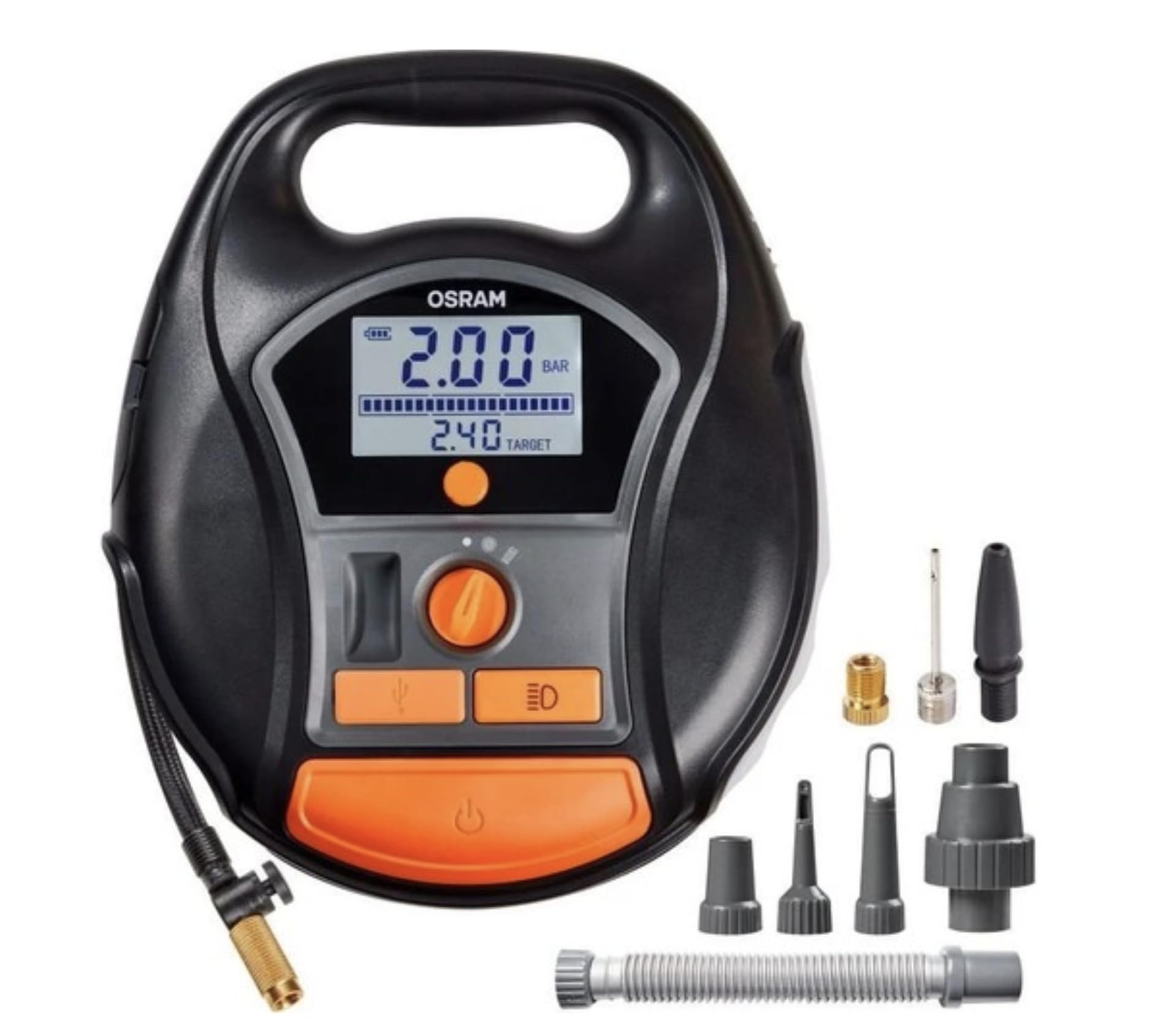 Person holding OSRAM TYREinflate 6000 next to a flat car tire