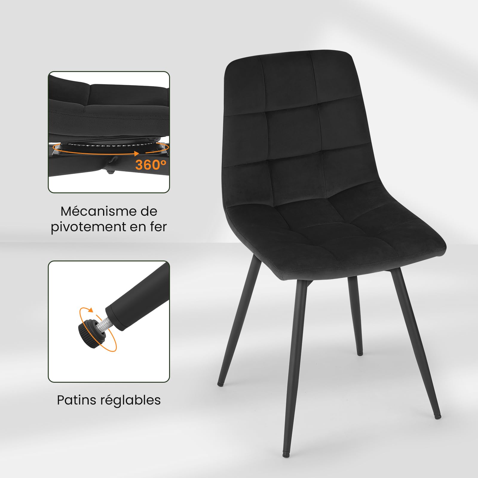 EUGAD Lot de 4 Chaises Pivotantes Salle à Manger, Chaises de Cuisine en Velours, avec Dossier, Assise Rembourrée, Pieds en Métal, pour Salle à Manger, Chambre, Salon, Noir