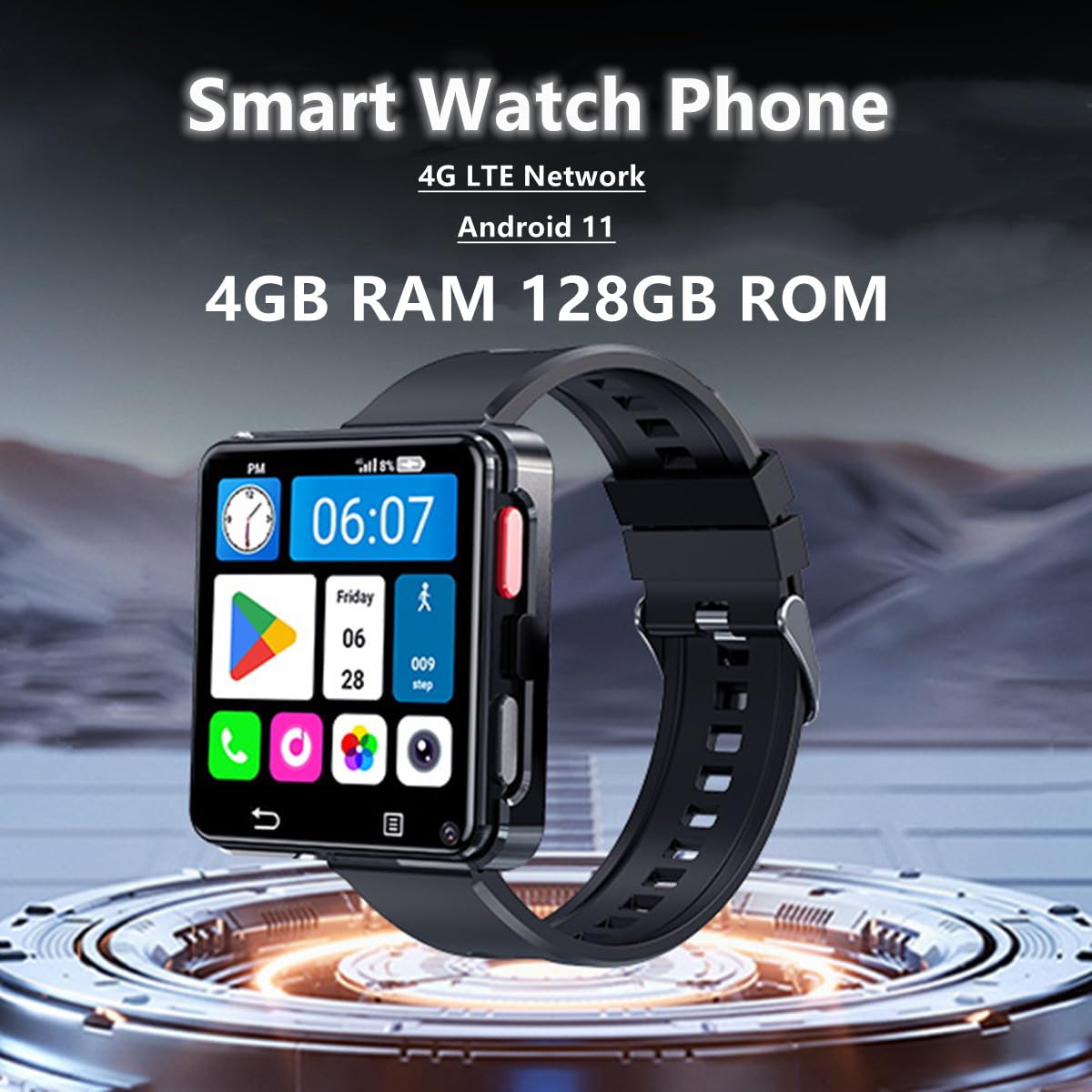 4G Smart Watch, Android 11 Quad Core 4GB+128GB Smartwatch 2,65 Zoll Großer Bildschirm Herrenuhr 1200mAh Typ-C Port 5,0MP Dual-Kamera WiFi Bluetooth GPS Fitness-Aktivitätstracker (4GB+128GB)