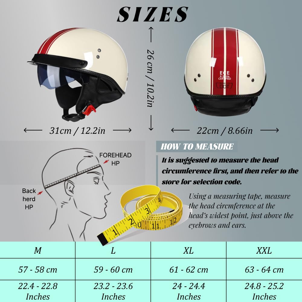 Retro Motorrad Halbhelme Motorradhelm für Herren und Damen ECE-Zertifizierung Jethelm Mit Visier Halbschalenhelm Braincap für Bike Cruiser Chopper Moped Scooter Offenem Helm, M-XXL