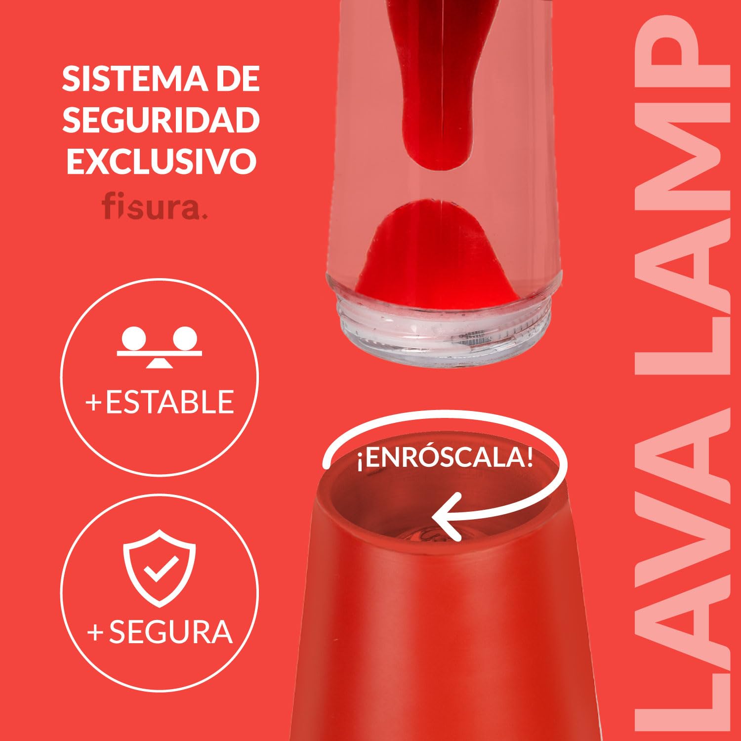 Fisura - Lámpara de lava roja. Base y lava roja con líquido transparente. Lámpara efecto relajante. Con bombilla de repuesto. 11 cm x 11cm x 39,5 cm.