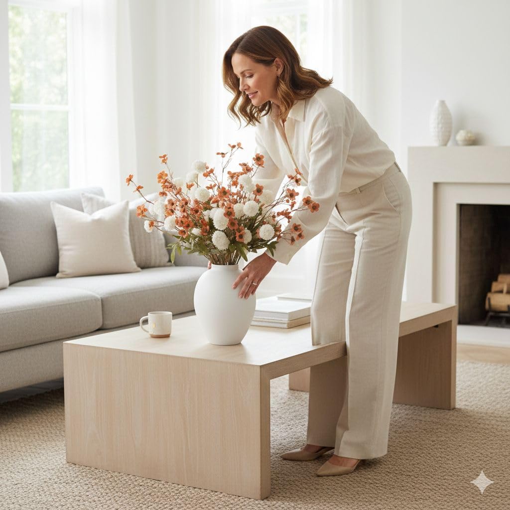 SilkSerenade White Silk Kiku Flower Arrangements with Eucalyptus & Umber Wild Flowers for Home Decor, Fake Flores Long Orange Tall Mums Earthy Rust Stems Artificial Floral Kitchen Dining Centerpieces - Image 8