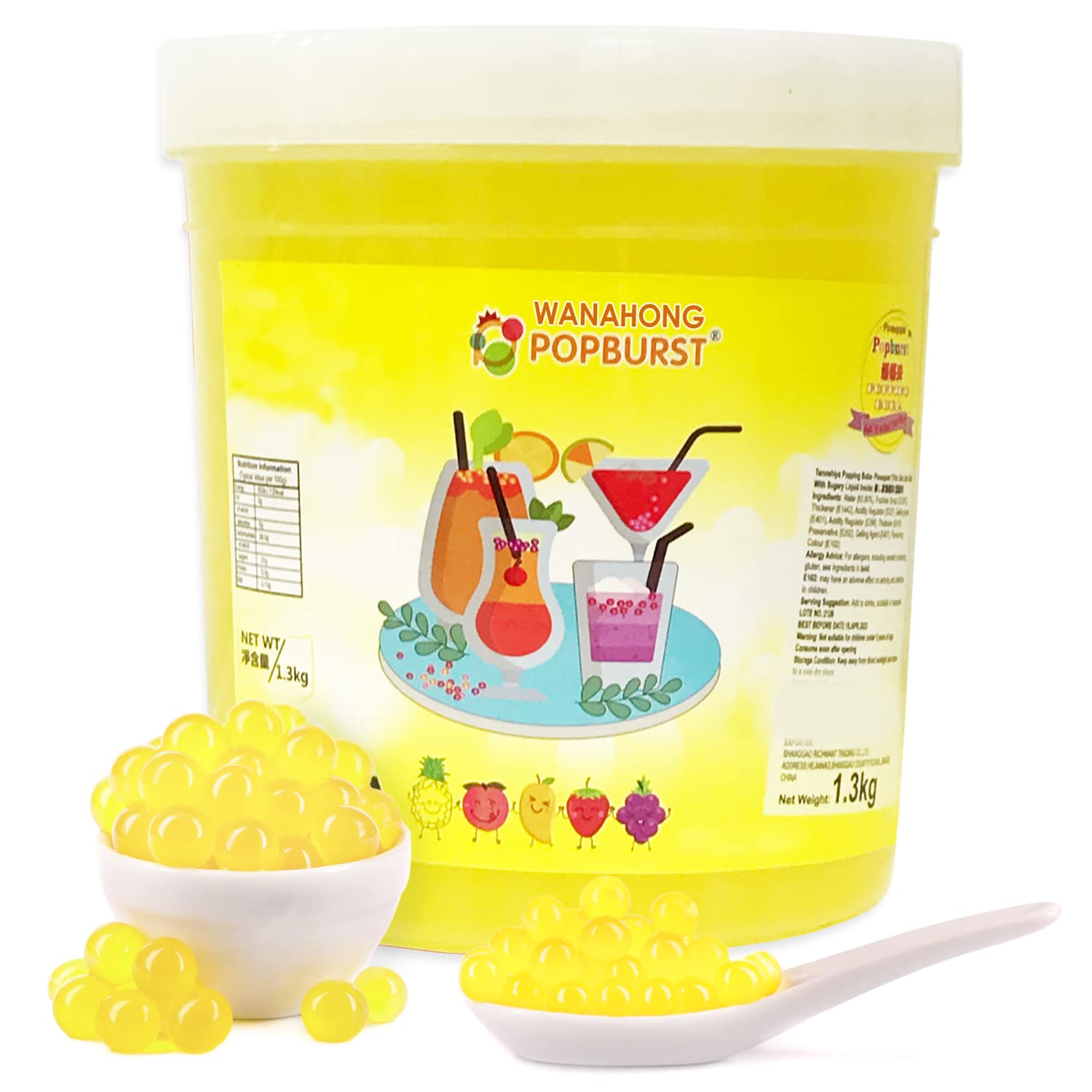 WaNaHong Popping Boba Pearl 1.3 KG Dessert Toppings, Prosecco and Cocktails (Pineapple)