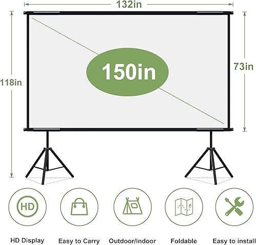 Miniatura 6 de Pantalla de proyector con soporte, pantalla de proyector de pared mejorada para interiores de 150 pulgadas, portátil, sin arrugas, gran pantalla de